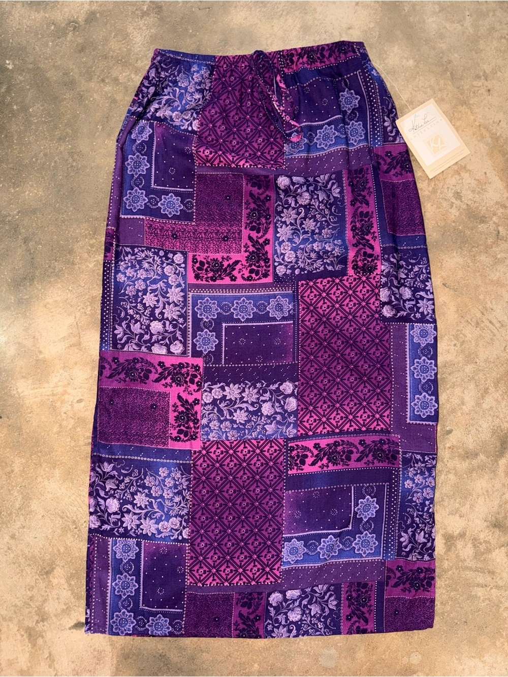 NWT Kathie Lee Collection Purple Patchwork Midi Skirt Rayon Size Small Slit
